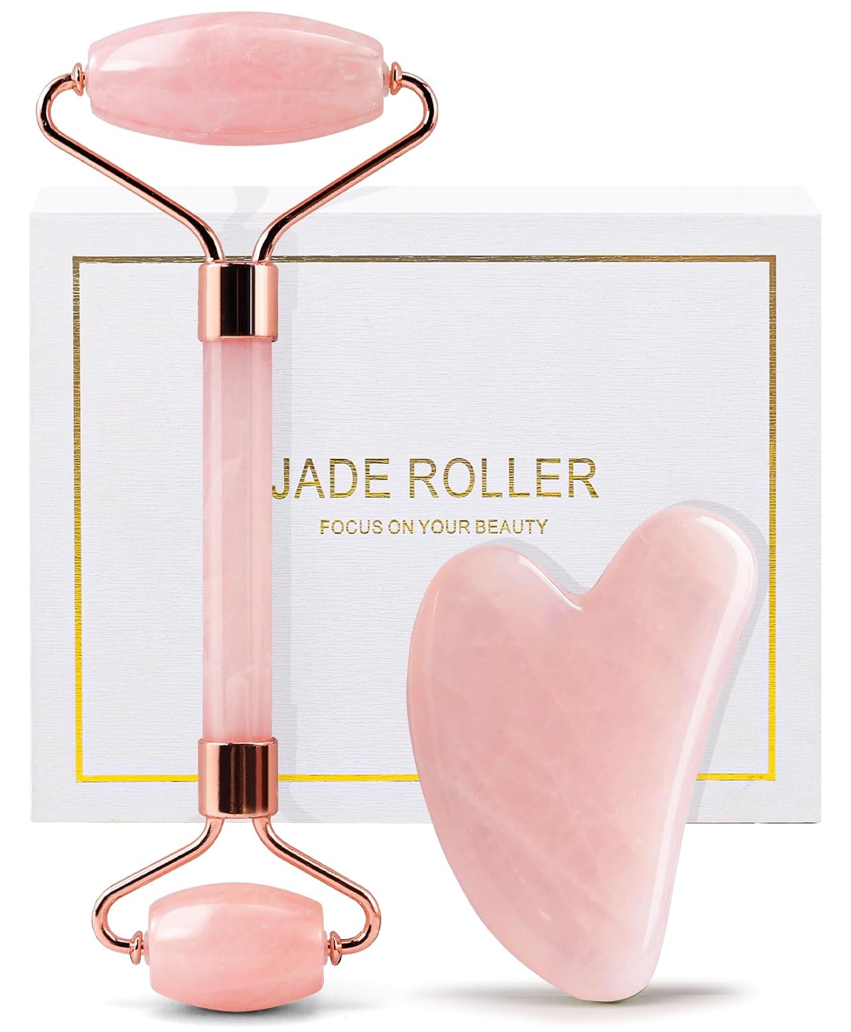 huefull Face Massager Rose Quartz Face Roller & Gua Sha Facial Tool Set, Muscle Tension Relief, Skin Care Gifts for Woman/Men, Skin Care Gifts