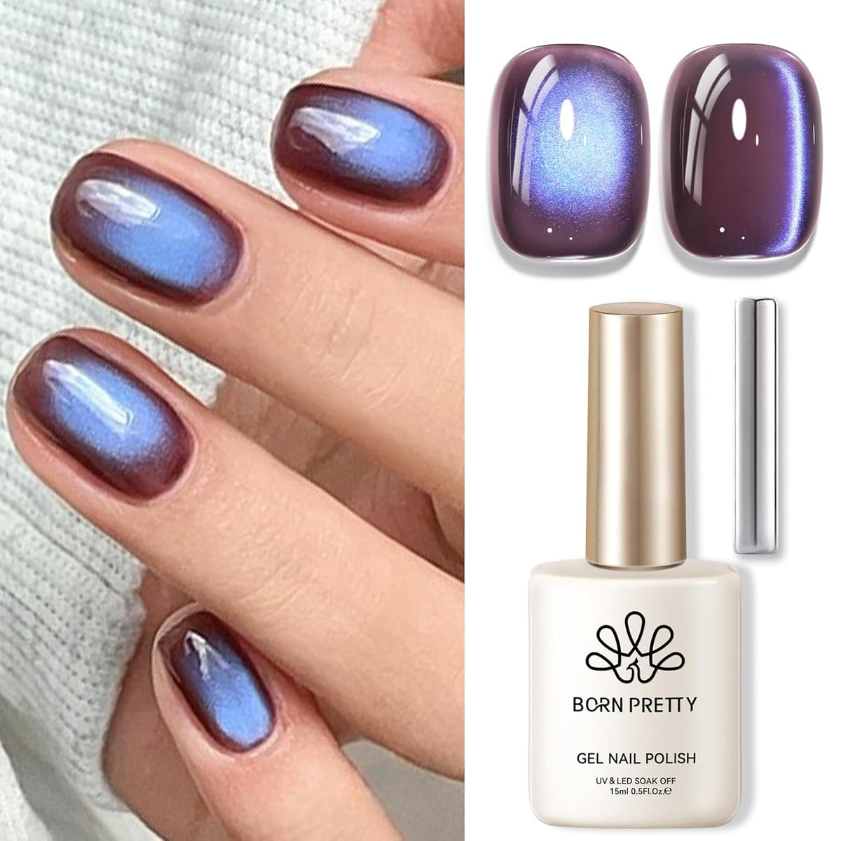 BORN PRETTY Cat Magnetic Eye Gel Nail Polish,Indigo Eggplant Glitter Cat Magnetic Gel Nail Polish Magnetic Nail Polish for Nail Art Manicure Salon DIY at Home 15ML