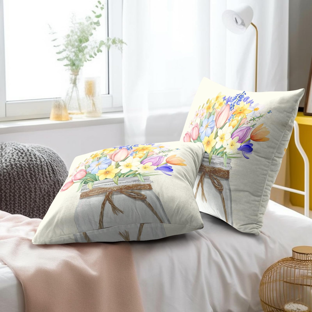 Easter Flowers Throw Pillow Covers 18x18 Set of 2, Spring Tulip Lavender Floral Mason Jar Square Pillowcases Cotton Cushion Cover Decoration for Couch Sofa Living Room Bedroom Home