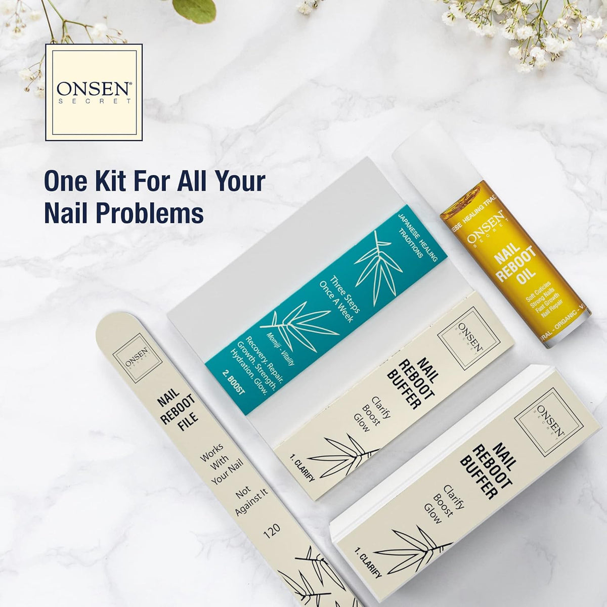Onsen Secret Nail Care Kit - Japanese Nail Buffer and Shine Kit - Spa-Quality Manicure - Organic Ingredients - Long-Lasting Shine - Easy & Safe - w/Cuticle Care Oil - 1pk