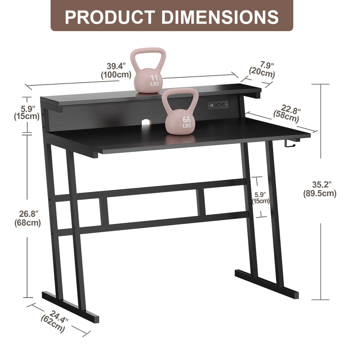 Zenira 40 Inch Computer Desk with LED Light Strip, Writing Desk for Home Office, Gaming Table for Bedroom, Desk with Shelves, Black