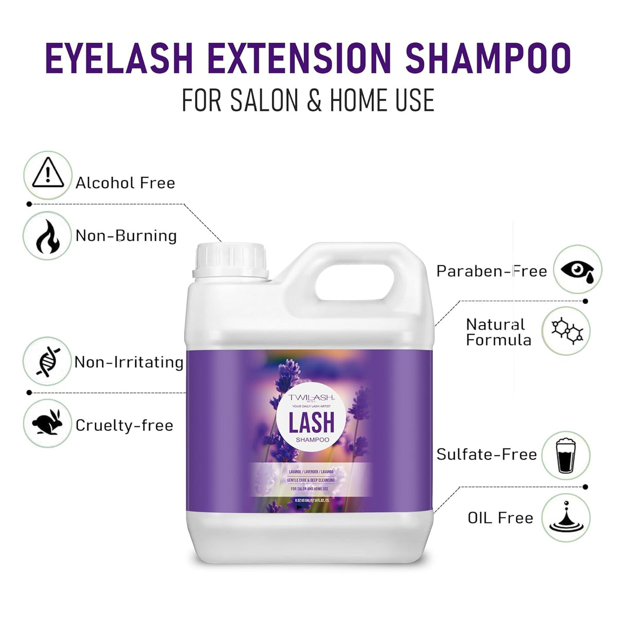 Lash Shampoo Bulk, Eyelash Cleanser for Extensions 2 Liters, Safe Makeup Remover, Non-irritating or Burning Eyelid Foaming Cleanser for Professional Salon and Home Use (Lavender-2L)