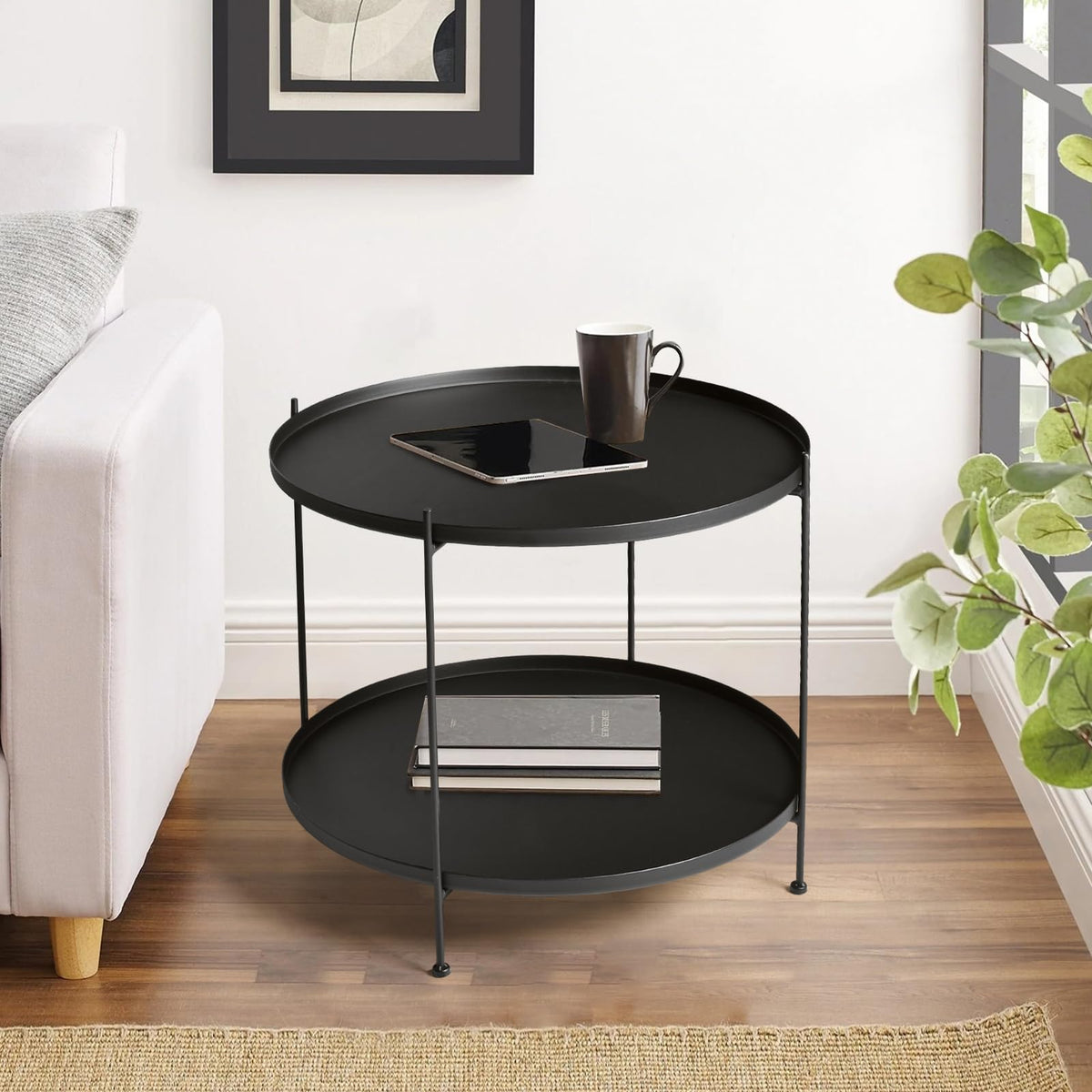 Lisuden Modern Metal End Table, Round Side Table Indoor/Outdoor, Living Room Small Coffee Table (Black, 2-Tier 23.6")