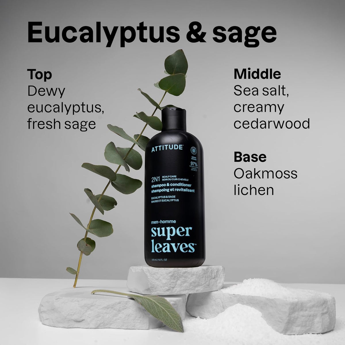 ATTITUDE Men's Shampoo and Conditioner 2-in-1, Scalp Care for Build Up & Oily Hair, 97% Natural Origin Ingredients, EWG Verified, Eucalyptus & Sage, 14 Fl Oz (Pack of 3)