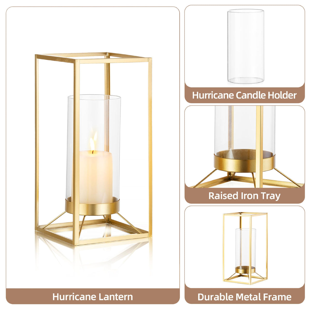 Staymoment Gold Metal Lantern Decorative Set of 2 with Hurricane Glass: Indoor Modern Farmhouse Candle Holder for Table Centerpiece Fireplace Mantles Shelf, 12" & 9"