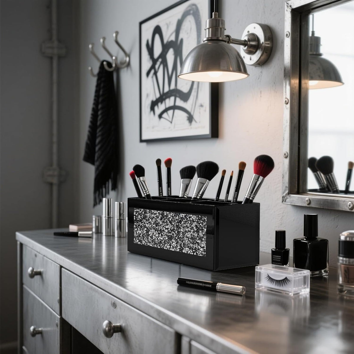 SHYFOY Black Makeup Brush Holder Organizer, 6 Slots Glass Makeup Cosmetics Organizers and Storage for Vanity Countertop