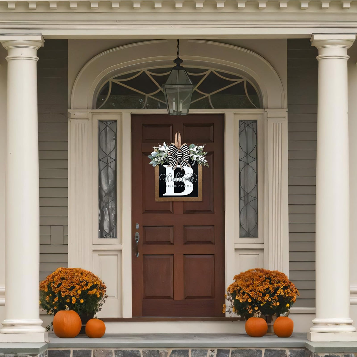 Ultra Large 14'' Last Name All Year Round Front Door Wreath with 26 Initial Letter Welcome Sign All Seasons Eucalyptus Garland and Bow Wreaths for Front Door Porch Farmhouse Decoration (B)