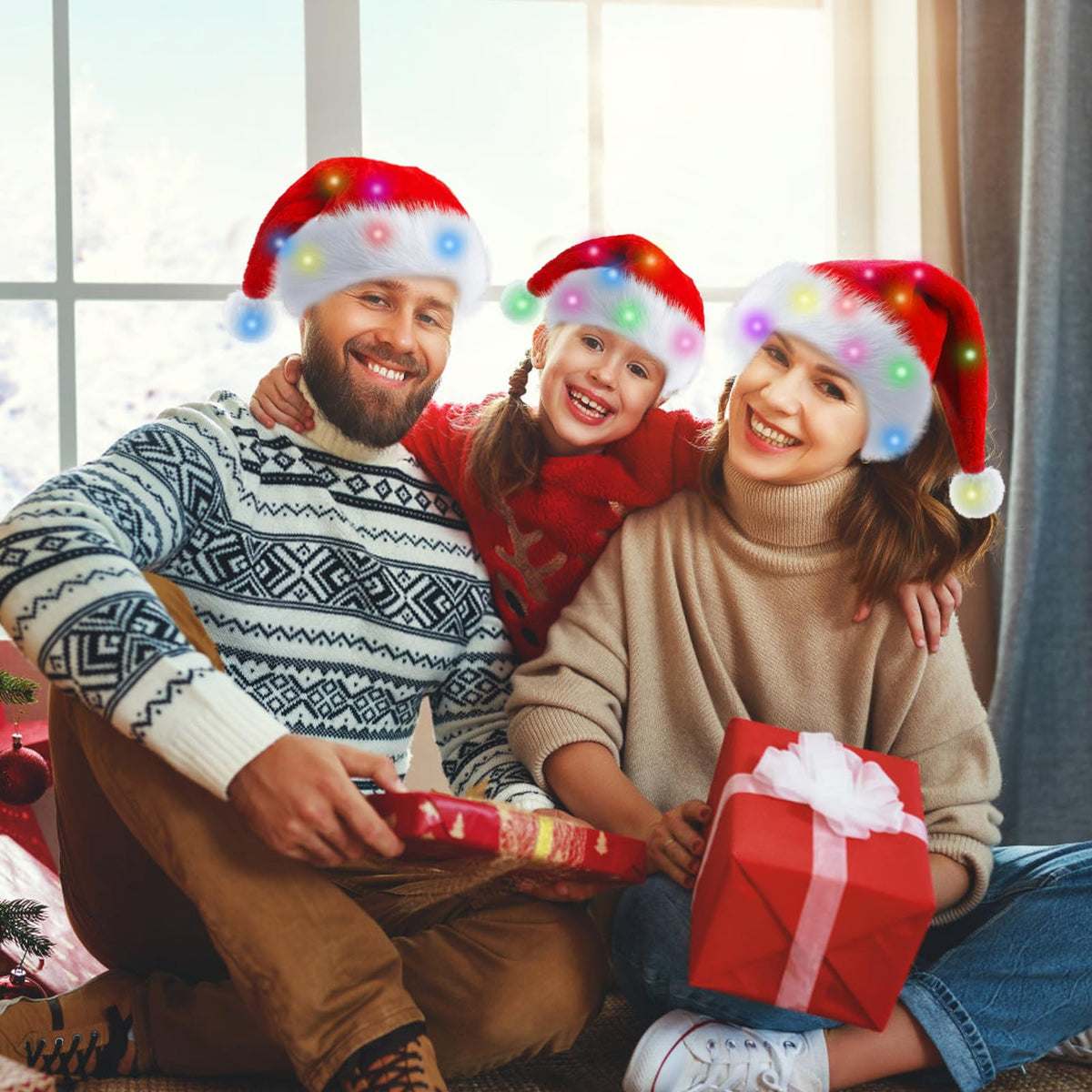 OGAJO Christmas Hat for Adults Led Light Santa Hats Red Velvet Extra Thicken Unisex Xmas Hat for New Year Festive Holiday Party