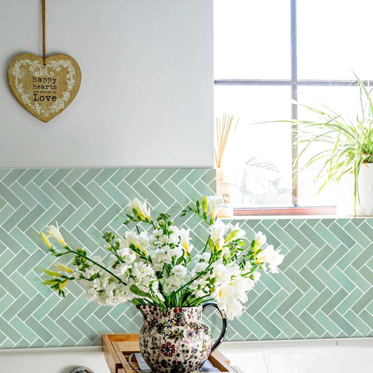 LUXDEKO 10-Sheet Herringbone Peel and Stick Backsplash, Sage Green Chevron Self Adhesive Glossy Tiles Renter Friendly Backsplash Stick on Wall Tile for Kitchen and Bathroom（12"x12"）