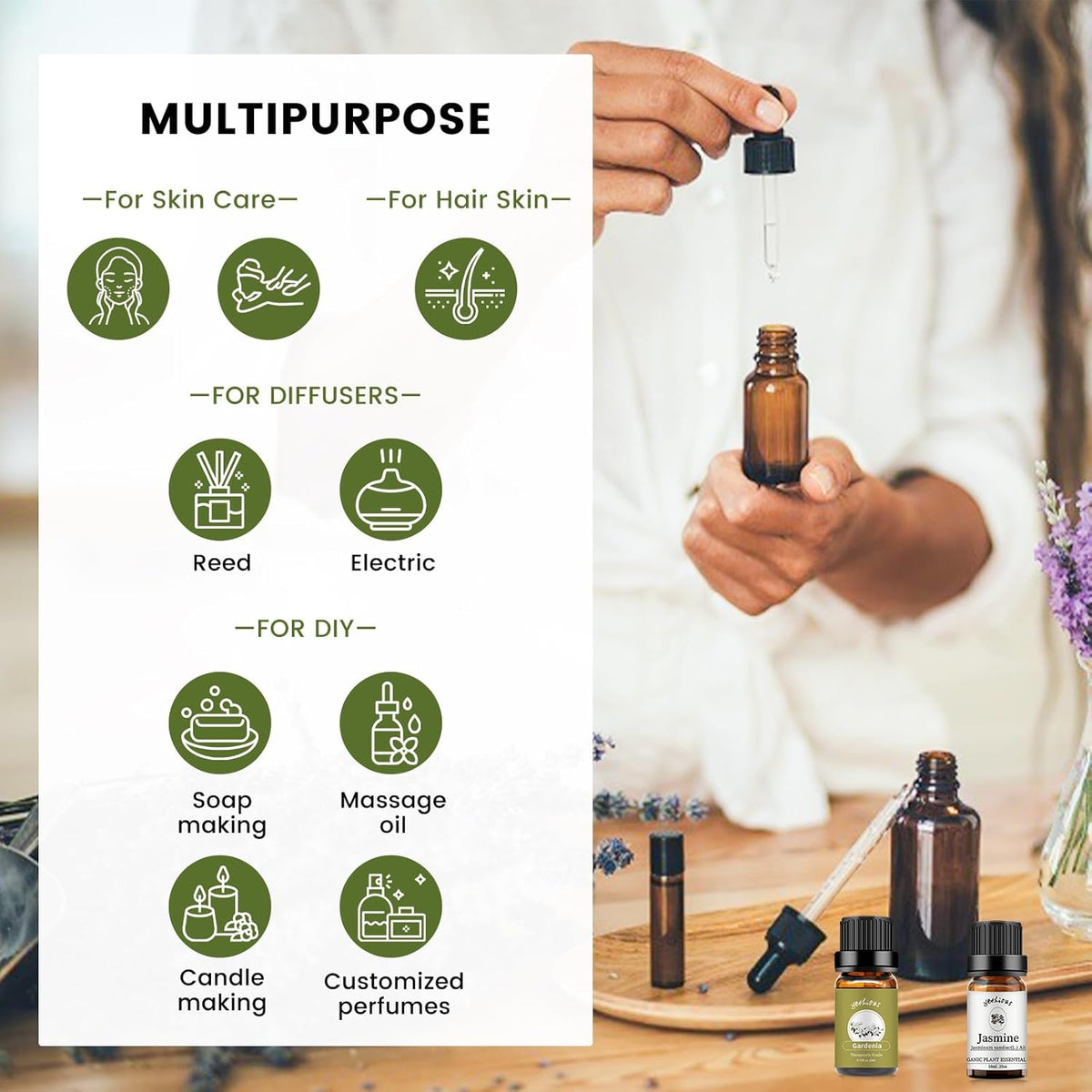 yethious Jasmine Gardenia Essential Oil Set 100% Pure Gardenia Fragance Oil Jasmine Aromatherapy Oils for Diffuser - 2 Pack 10ML
