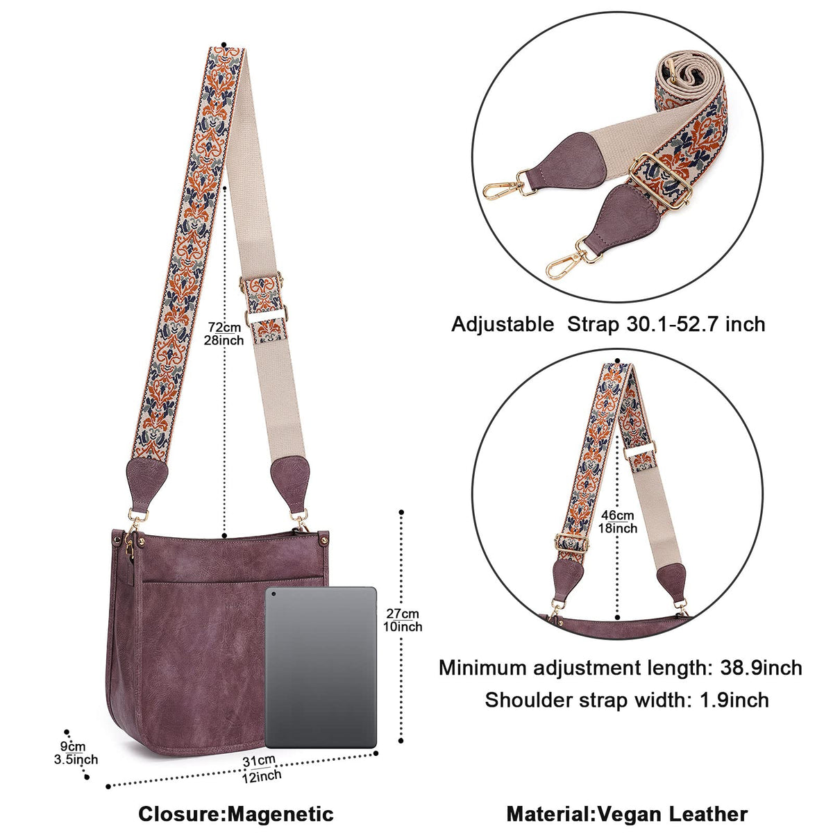 HKCLUF Crossbody Bags for Women Trendy Vegan Leather Hobo Handbags With 2pcs Adjustable Guitar Strap Crossbody Purse For Women(Purple)