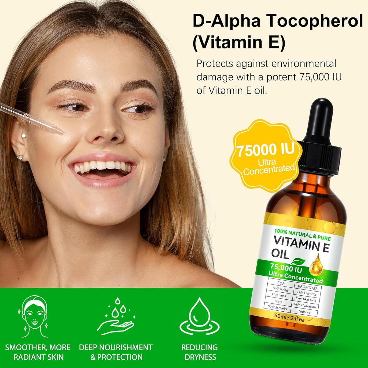 Pure Vitamin E Oil, 75,000 IU Ultra Concentrated & Natural for Stretch Mark/Scars Treatment, Smoothing & Moisturizing Skin & Hair & Cuticles, Cold Pressed/Hexane Free/Non-GMO, 60ML/2Fl Oz