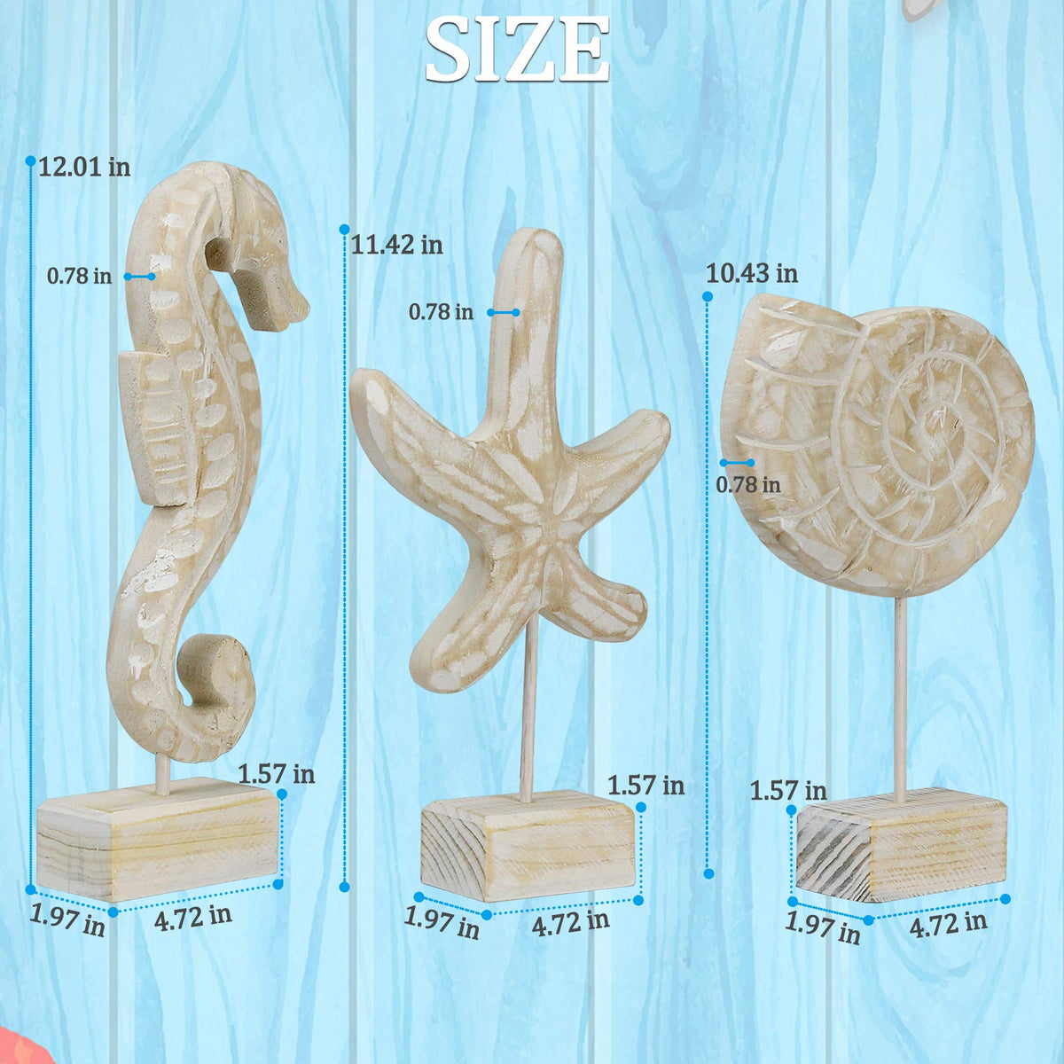 Exttlliy 3pcs Wood Handmade Beach Nautical Style Figurines Starfish/Conch/Seahorse Statue Home Decor
