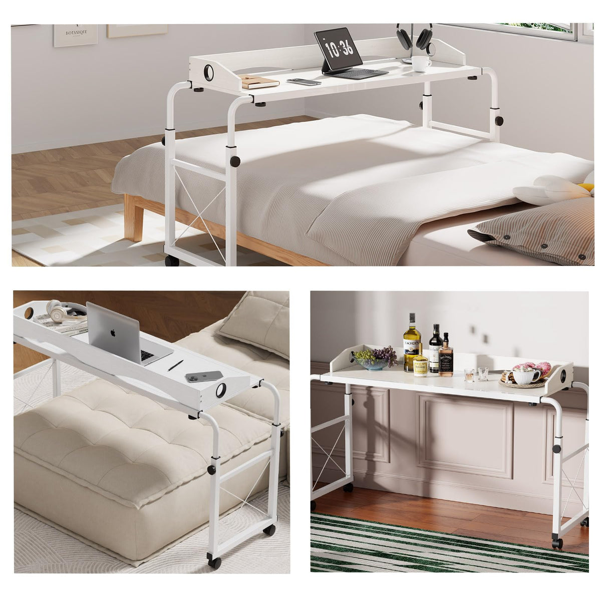 Overbed Table with Wheels, Overbed Desk with Adjustable Length and Height, Rolling Over Bed Desk, King Queen Over The Bed Table on Wheels, Heavy Duty Laptop Table for Hospital and Home (White, 1.2M)