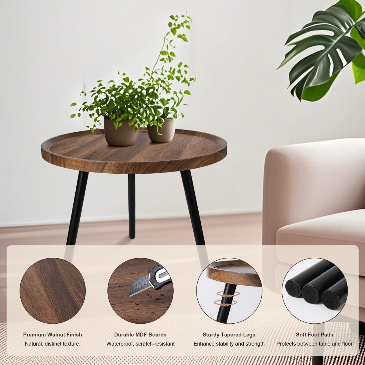Nesting Coffee Table Set of 2, Modern Round Coffee Tables Nesting Side Table Set, Easy Assembly Nesting Tables for Living Room, Walnut Wood End Tables for Home Office Yard