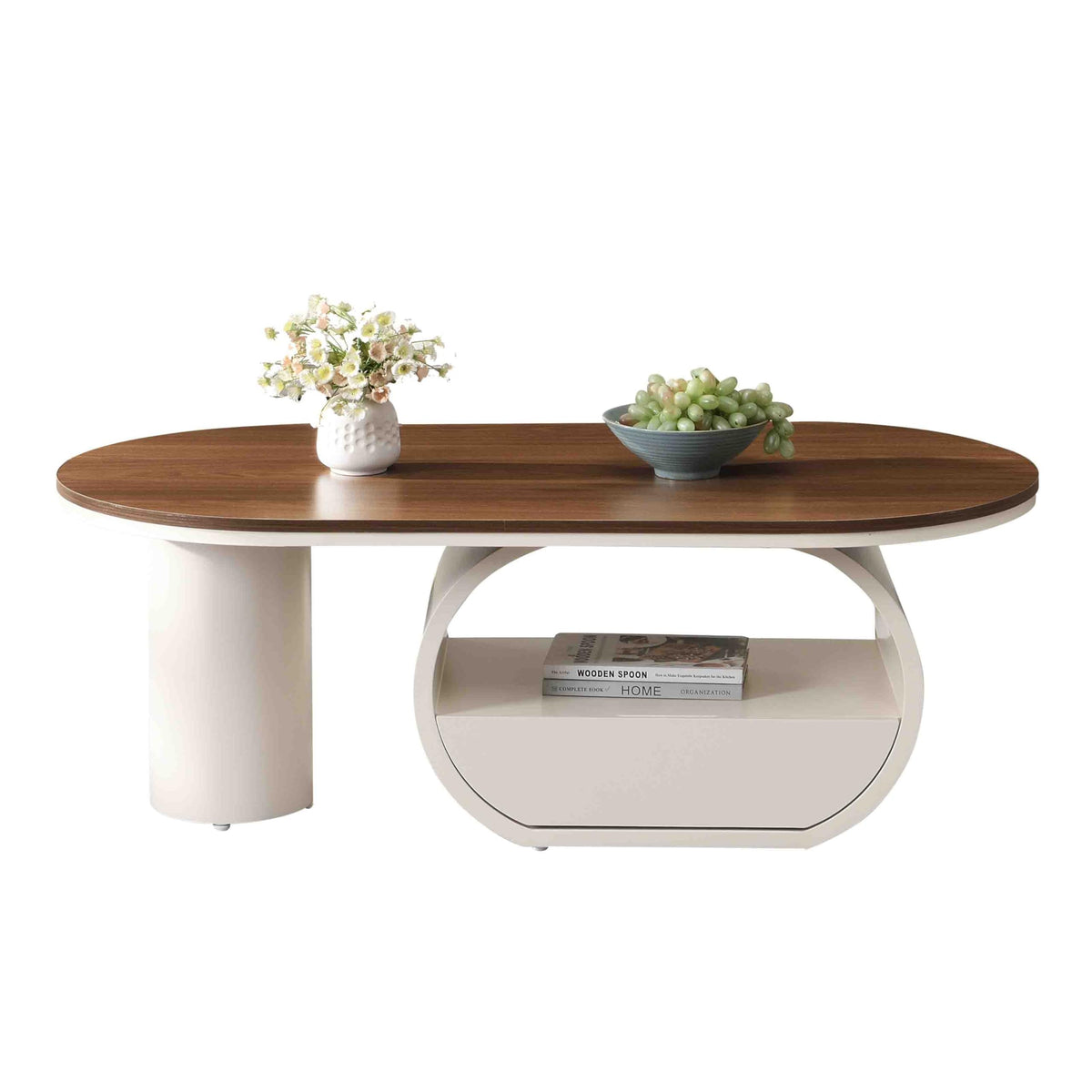47.24'' Modern Coffee Table, Luxury Oval Coffee Table with Storage Drawer and Shelf, Metal Center Table for Living Room ﻿ (Antique White+Brown)
