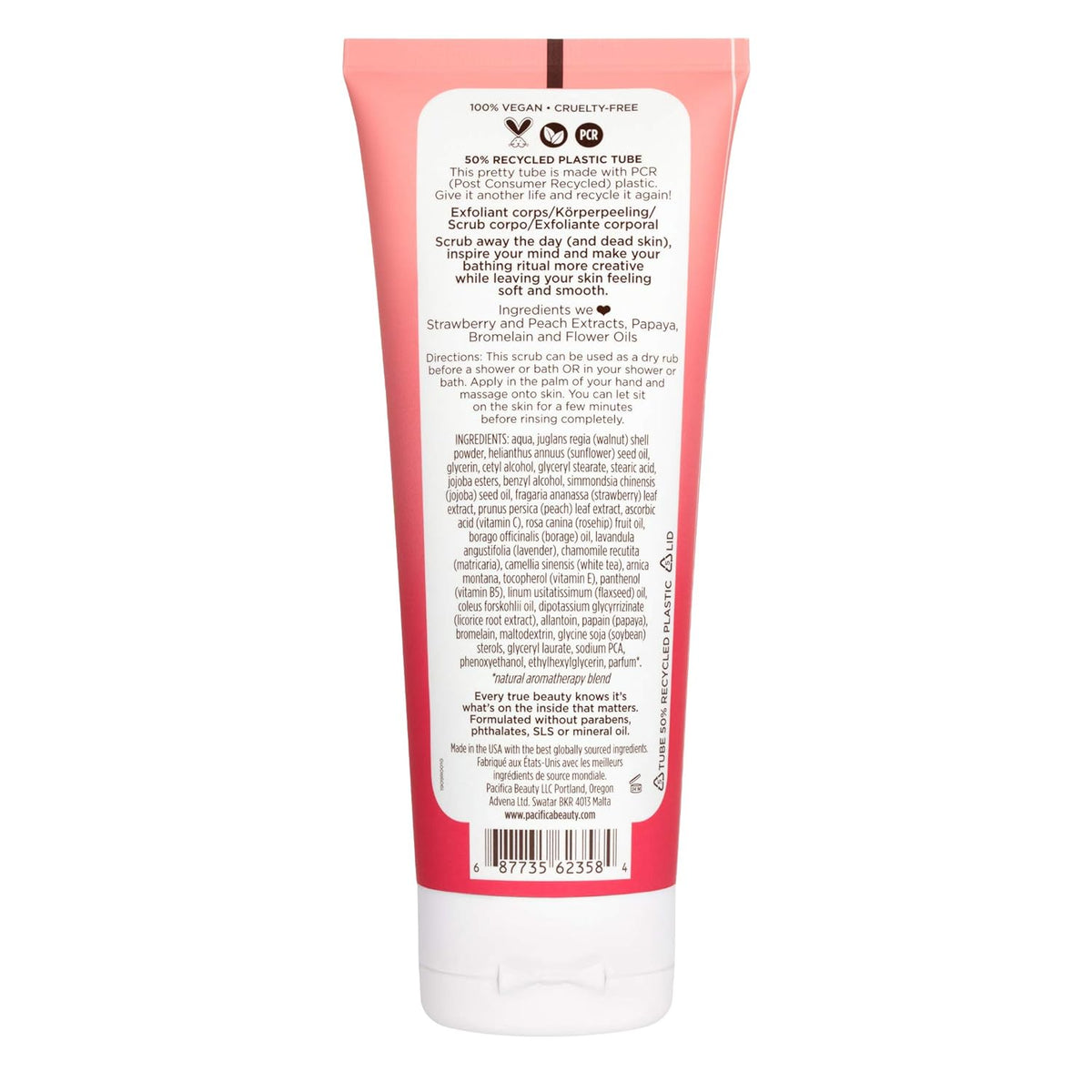 Pacifica Strawberry Peach Body Scrub, Gently Exfoliates & Polishes Dead Skin, For All Skin Types, Ven & Cruelty-Free, 6 Fl Oz