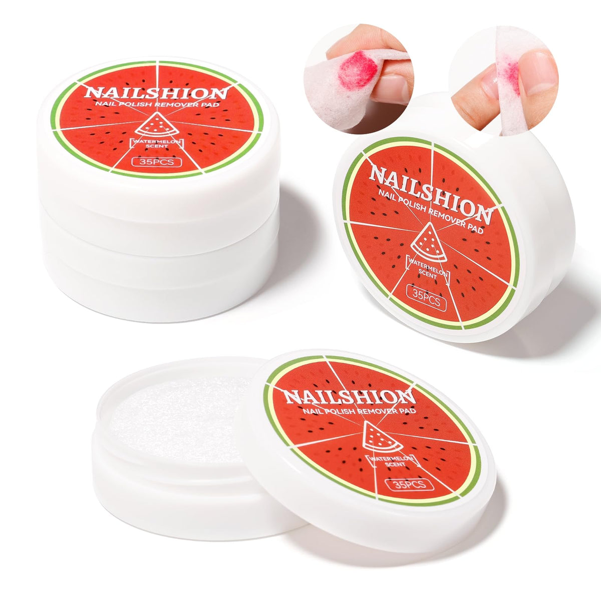 Nailshion Nail Polish Remover Pads, 140 Pcs Travel Fingernail Polishes Wipes in 4 Boxes, Non-Acetone | 3-5s Quick Removal | VE Moisturing, Lint-free Handy Wipes to Clean Polish, Watermelon Scent