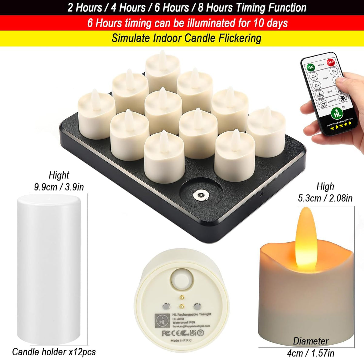 HL Flameless Candles with Remote Timer, 100+Hours Rechargeable Waterproof Battery Operated Tea Lights with Charging Base, Yellow LED Votive Floating Candles for Festival Wedding Home Party Decor-12pc