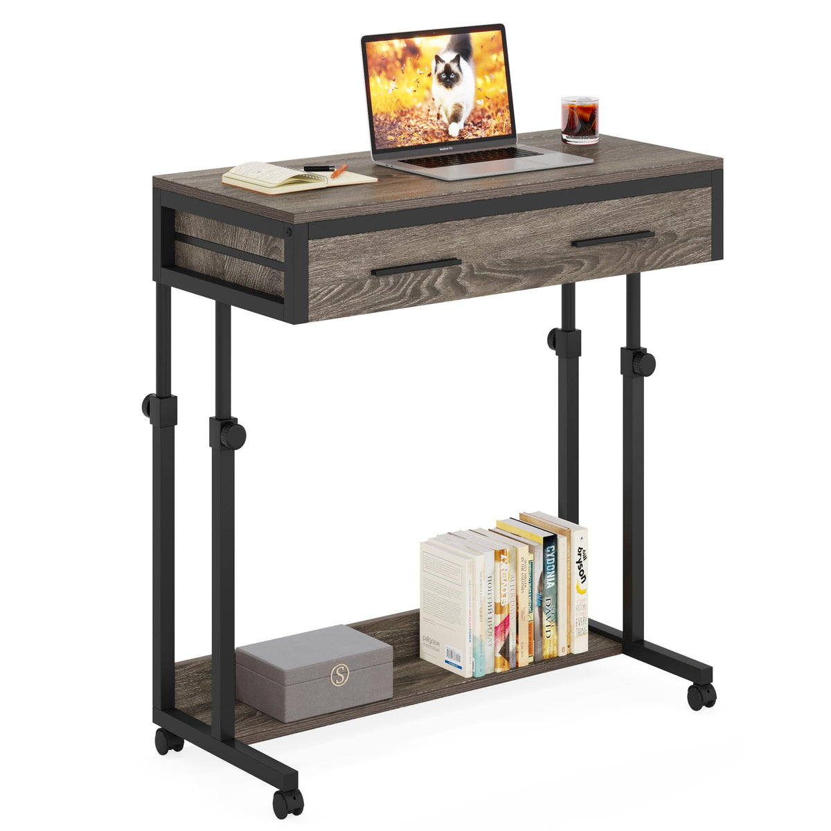LITTLE TREE Portable Computer Desk with Wheels, Mobile Laptop Desk Table Standing Desk, Small Portable Desk Bed Desk with Drawers for Home Office (Grey, Adjustable Height 27.5'' to 41.3'')