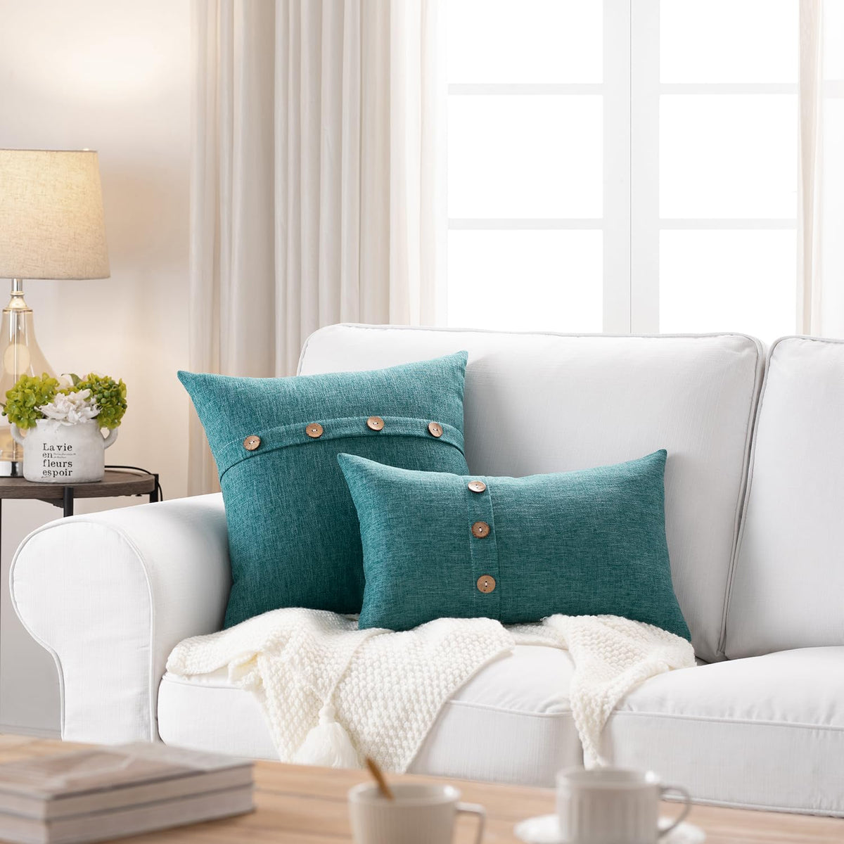Meekio Set of 2 Teal Green Square Pillow Covers 18 x 18 Farmhouse Boho Pillow Covers with Coconut Buttons for Sofa Couch Living Room Bedroom Farmhouse Décor for The Home