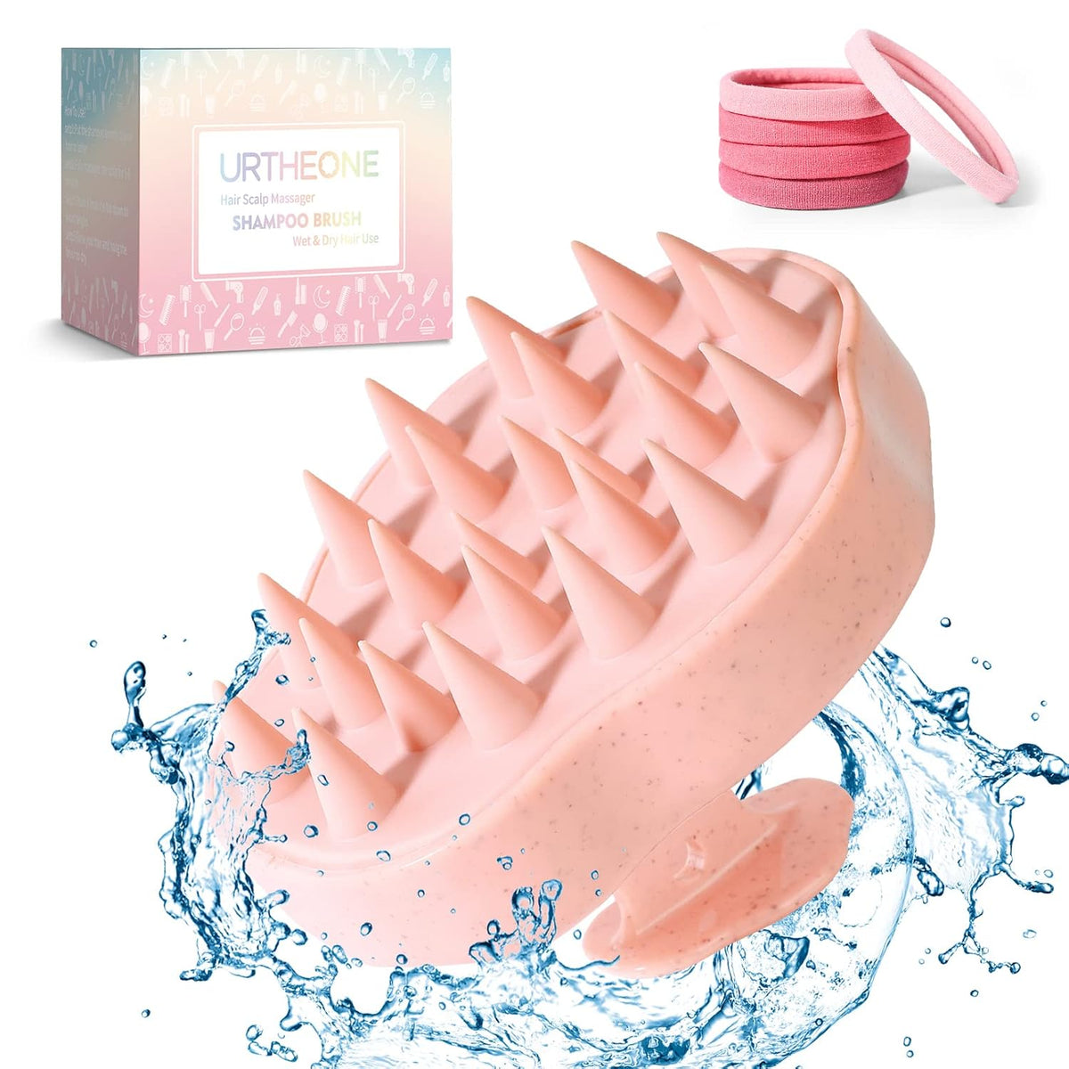 URTHEONE Scalp Massager Shampoo Brush, Hair Scalp Scrubber Head Massager with Soft Silicone Bristles for Women Men Kids Pets Shower and Hair Growth(Pink) Includes 5 Pcs Hair Ties
