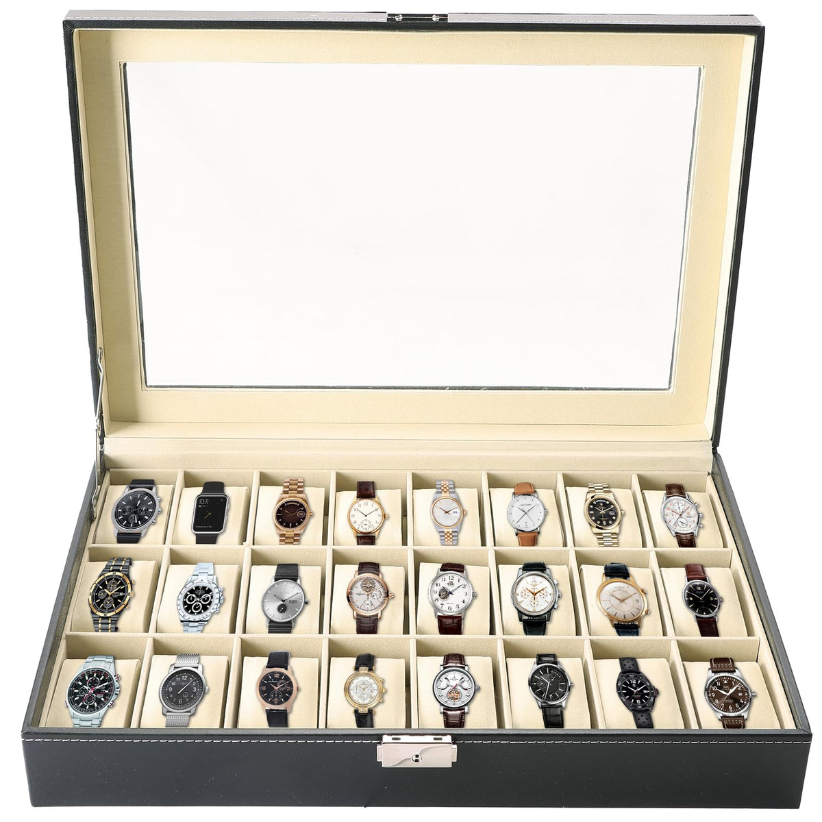 MAOPINER 24 Slot Watch Box - Portable Travel Watch Case & Jewelry Display Drawer