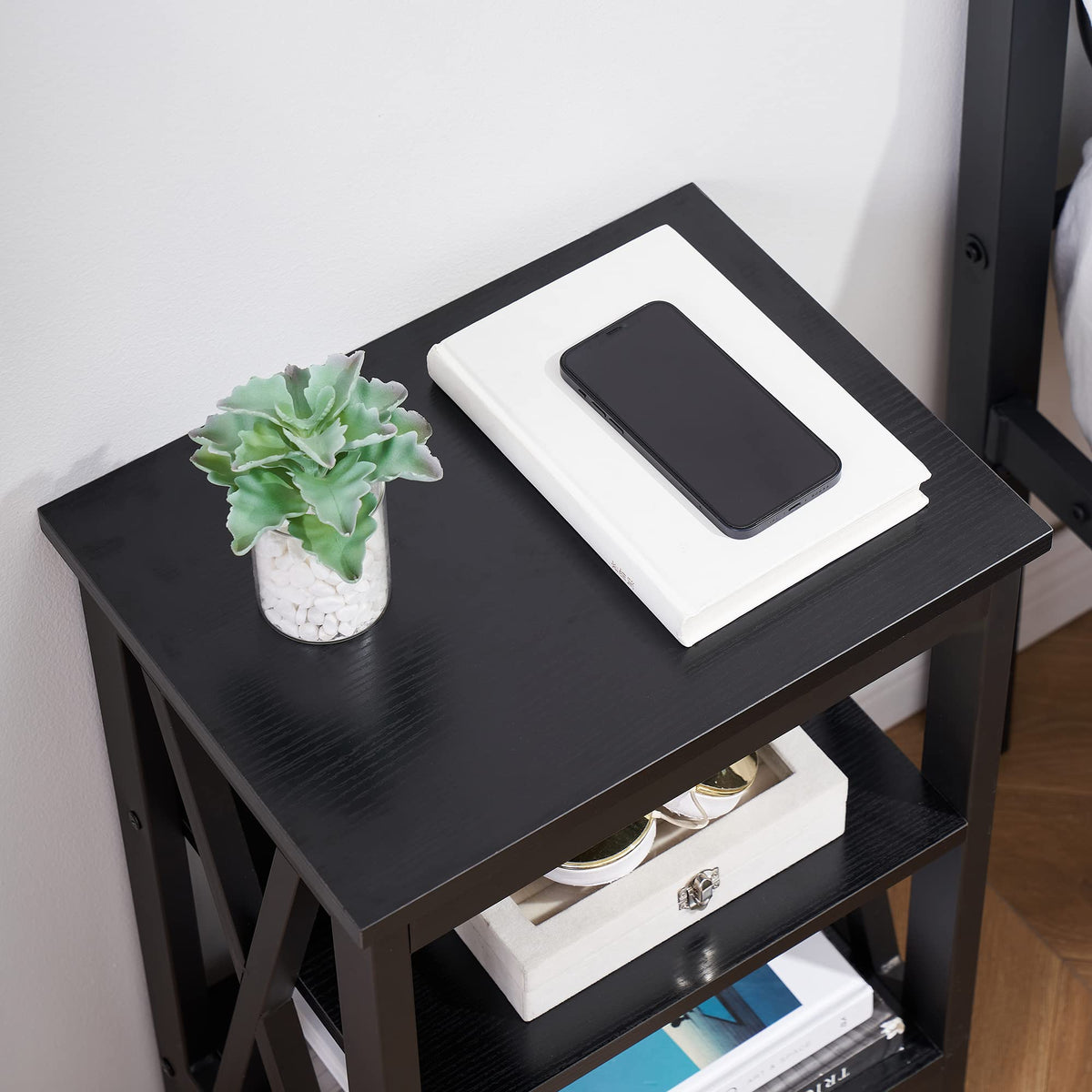 VECELO Modern Nightstands X-Design Side End Table Night Stand with Storage Shelf for Bedroom,Living Room,Set of 2 (Black A2)