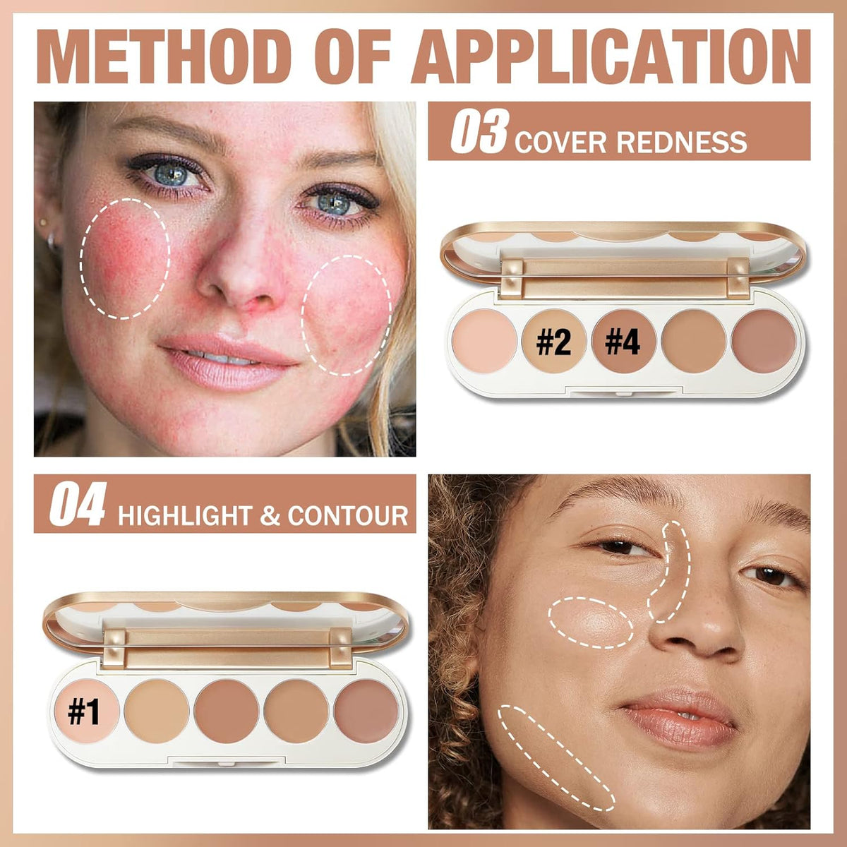 FOCALLURE #GoldenAge 5 in 1 Multi Uses Concealer Palette, 5 Colors Correcting Conceal Palette, Camouflage Contour Palettes for Dark Circles, Face Contouring Highlighter Pallet, 01 LIGHT-MEDIUM