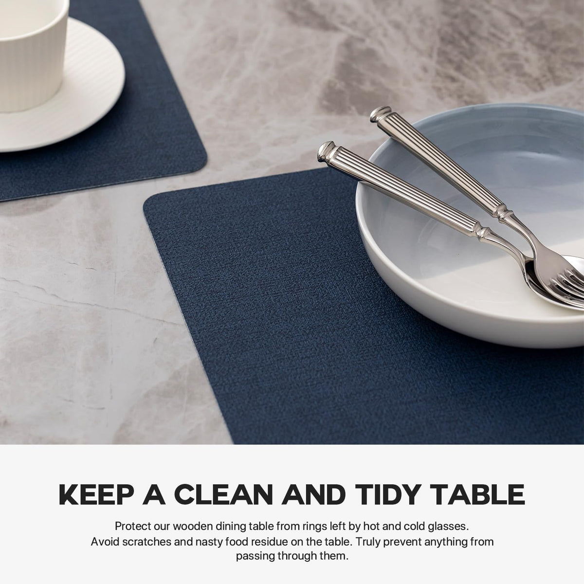 Baroyal Faux Leather Placemats Set of 6 Vinyl Washable Wipeable Table Mats for Kitchen Dining Table Heat Resistant Waterproof Modern Indoor/Outdoor Placemats Non-Slip Easy Clean Place Mats (Navy)