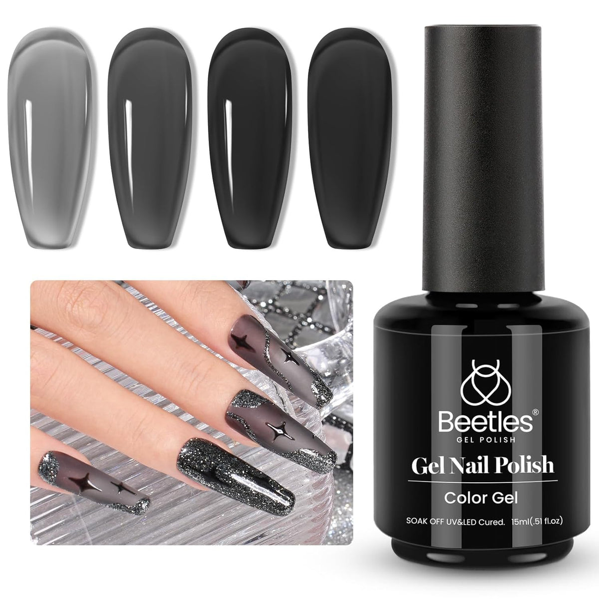 Beetles Jelly Nude Black Gel Nail Polish 15ML 1 Pcs Sheer Neutral Translucent Black Gel Polish Soak Off U V LED Nail Lamp Glassy Jelly Nails DIY Home Gift for Women