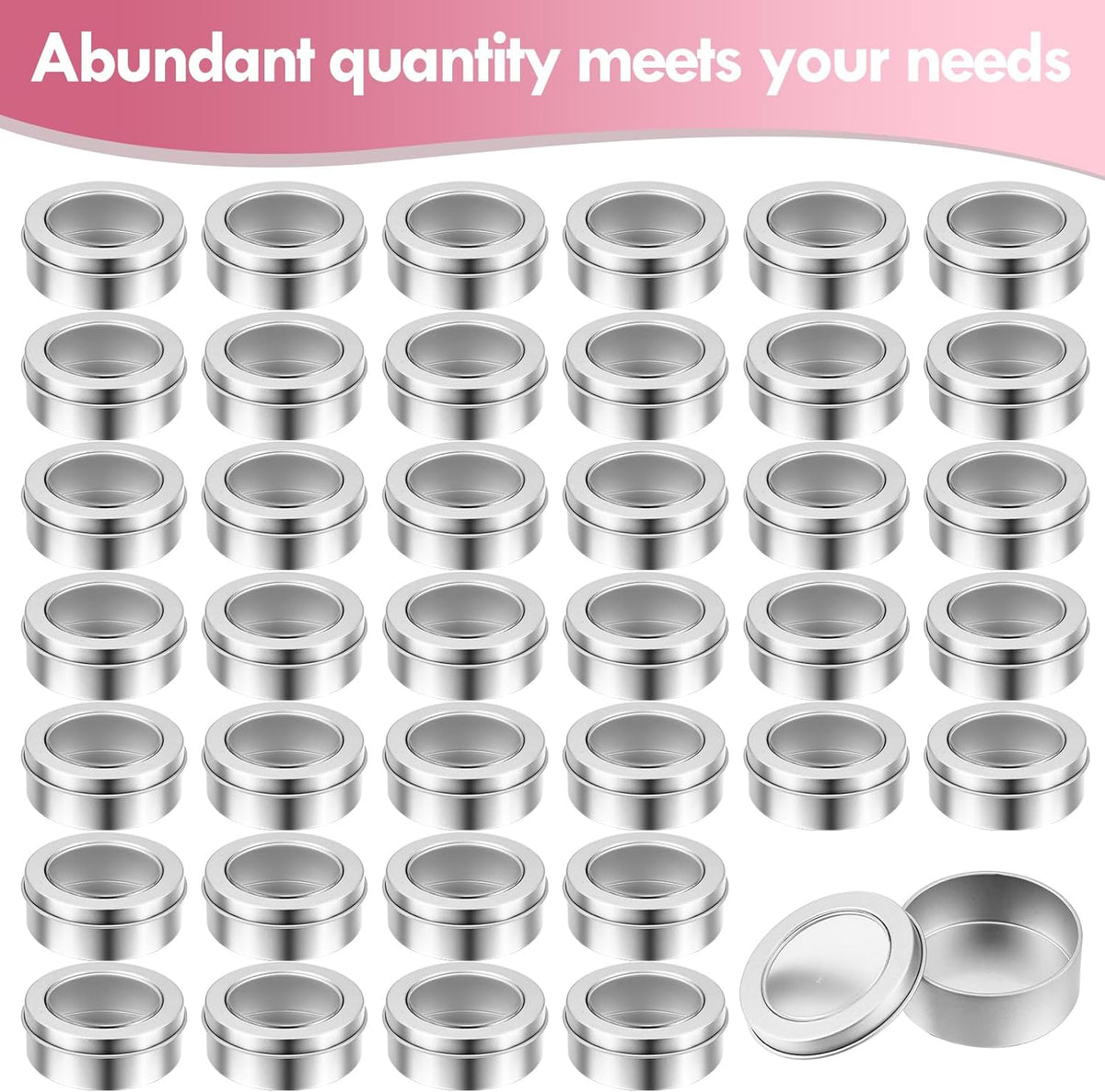 TecUnite 100 Pack 2 Ounce Metal Tin Cans Round Empty Container Salve Tins with Clear Lid for Kitchen, Office, Candles, Candies