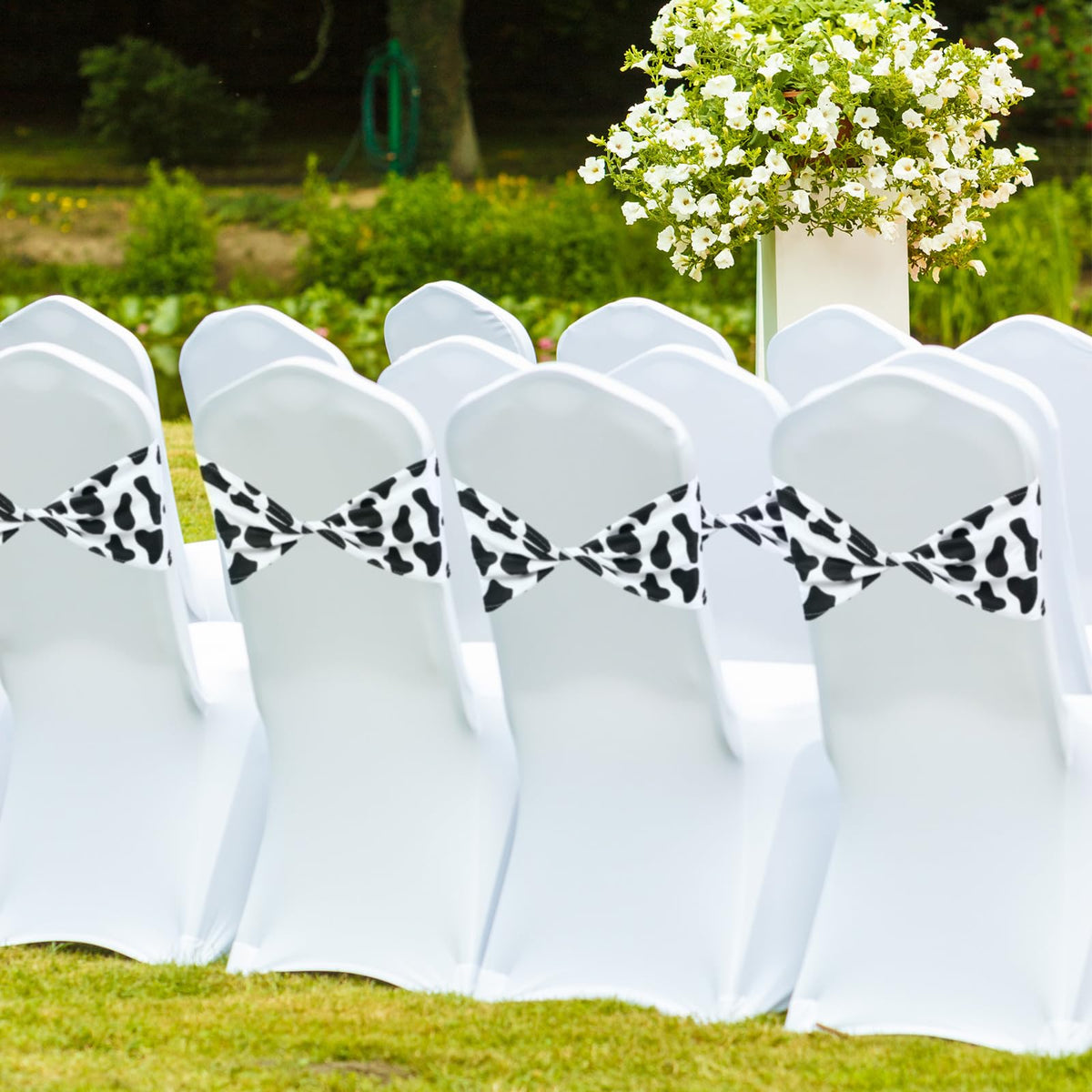 Newwiee 36 Pcs Cow Stripe Chair Sashes Spandex Cow Chair Bands Animal Print Elastic Chairs Sashes Bow Polyester Bands Ties Without Buckle for Animal Safari Jungle Theme Party Birthday Decor