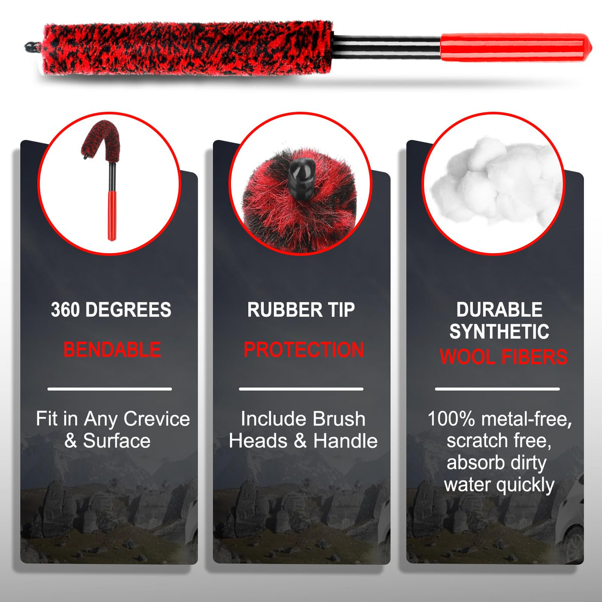 Fitosy Car Wheel Rim Tire Brush Set, Detailing Wash Kit, Long Soft Detail Brushes Accessories Tool for Automotive Cleaning Wheels, Interior,Exterior,Dirty Tires