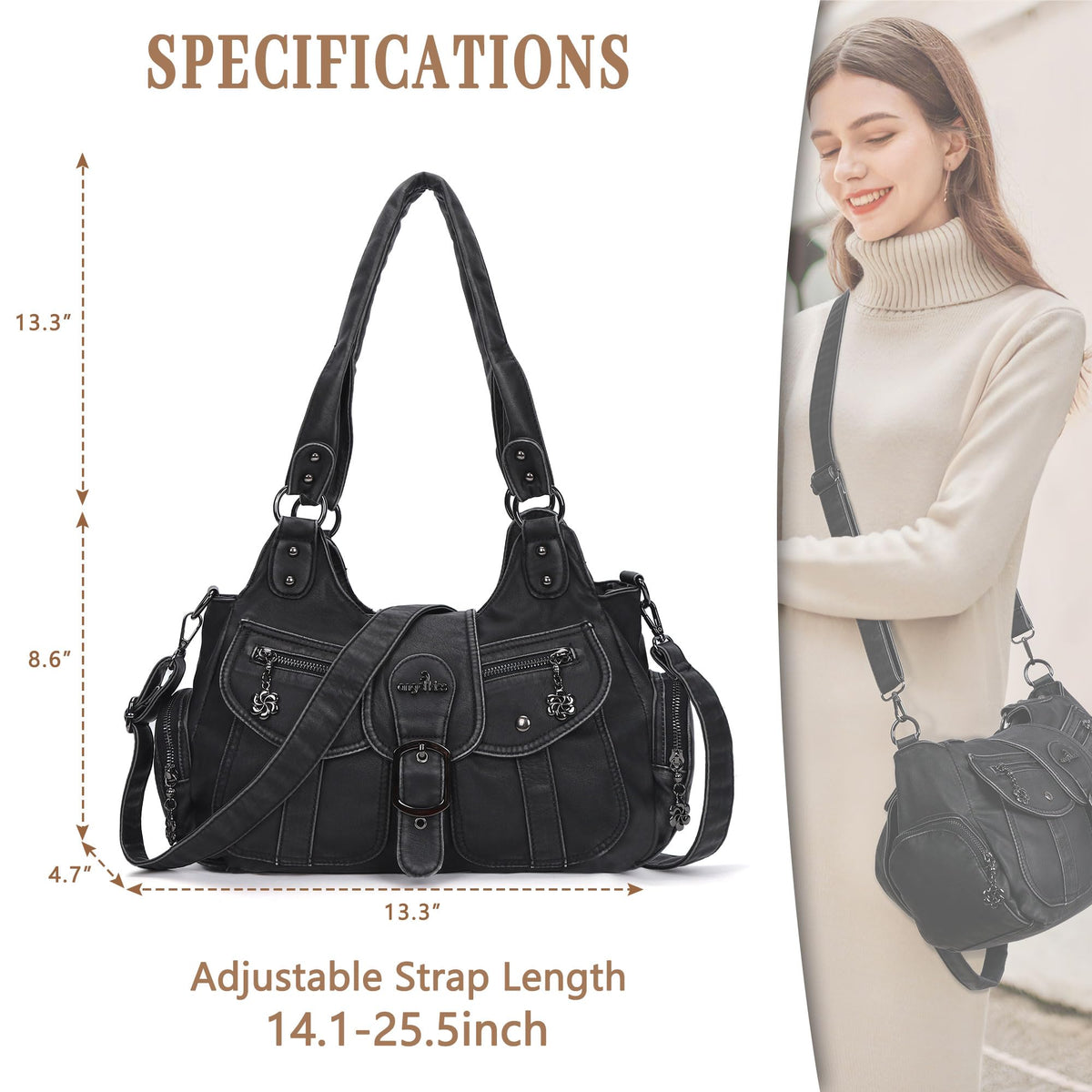 Angel Kiss Hobo Bags for Women Vegan Leather Shoulder Purses and Handbags Ladies Roomy Tote Bags Purse with Crossbody Strap,Black