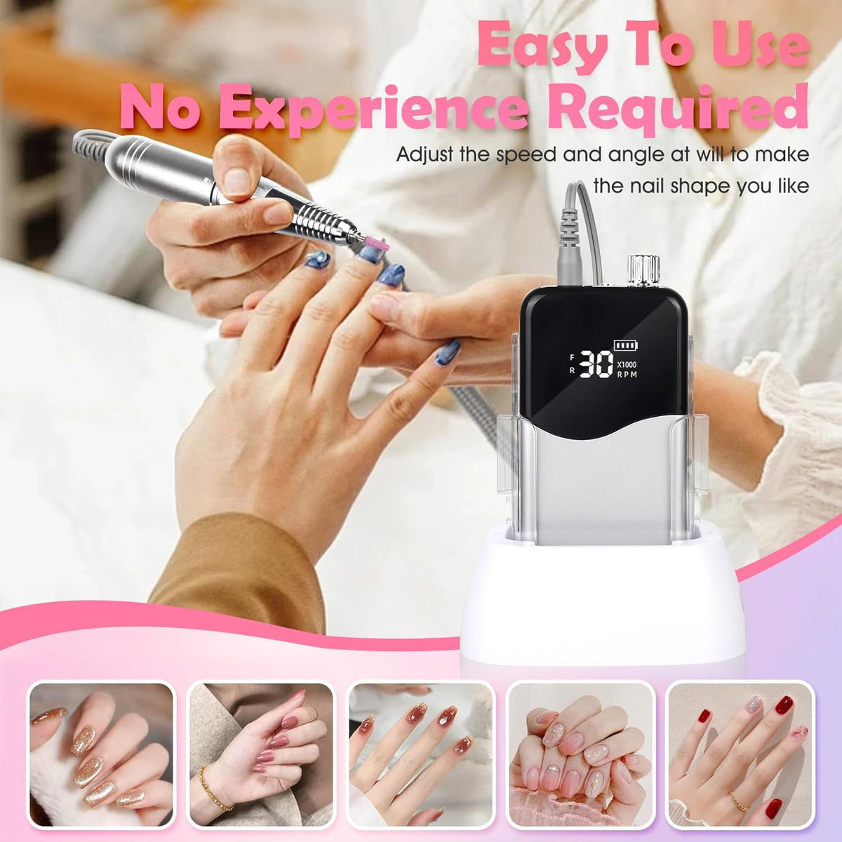CIVPOWER Nail Drill, Portable Rechargeable Tool Kit with 35000RPM Electric Nail File and LED Display for Manicure, Pedicure, Salon, Home, DIY (White)