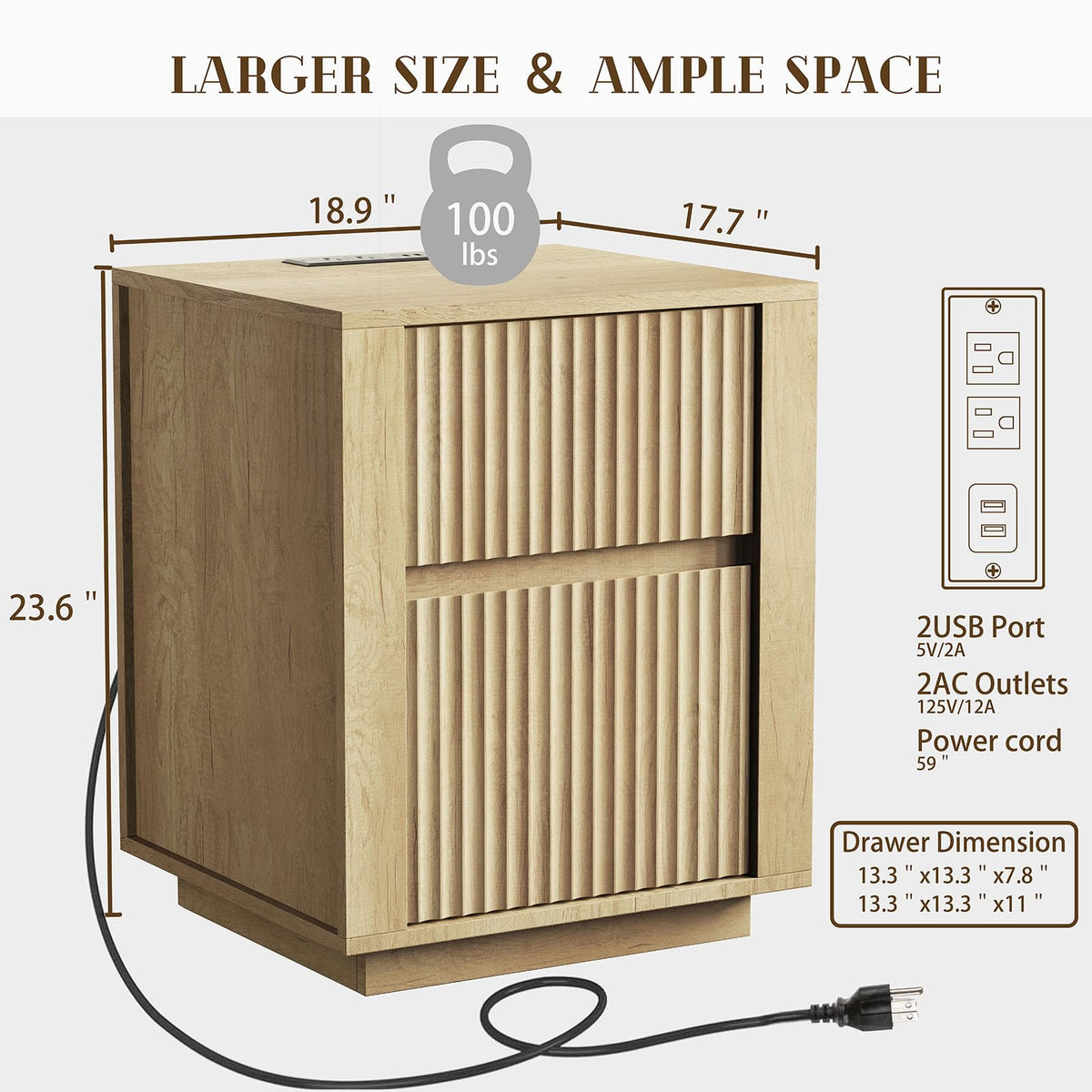 Modern Nightstand with USB Charging Ports, Wavy Bedside Table for Bedroom, Wood End Table Storage Cabinet for Living Room Sofa Office (Double Drawer)
