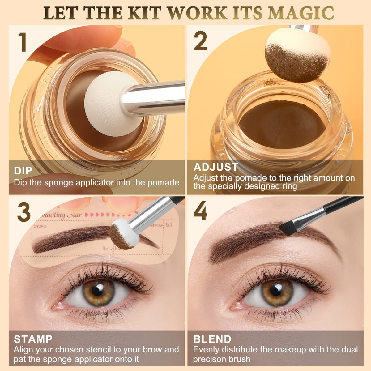 Eyebrow Stamp Stencil Kit for Eyebrows, Brow Stamp Trio Kit with Waterproof Eyebrow Pencil, Eyebrow Pomade, 20 Eyebrow Stencils, Dual-ended Eyebrow Brush and Sponge Applicator - Black Brown