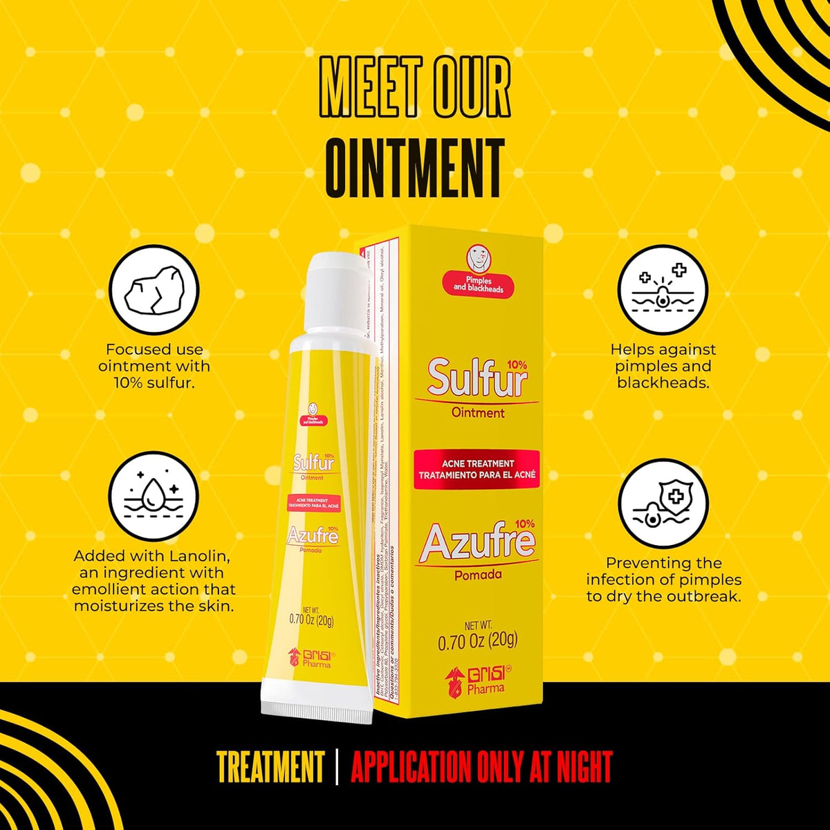 Biosulfur Grisi Acne Treatment: Fights Pimples, Blackheads, Blemishes, Improves Damaged Skin from Acne Scars, Prevents Breakouts, Keeps Pores Clear, Controls Oil, Sulfur Ointment, 0.70 Ounce, 2-Pack