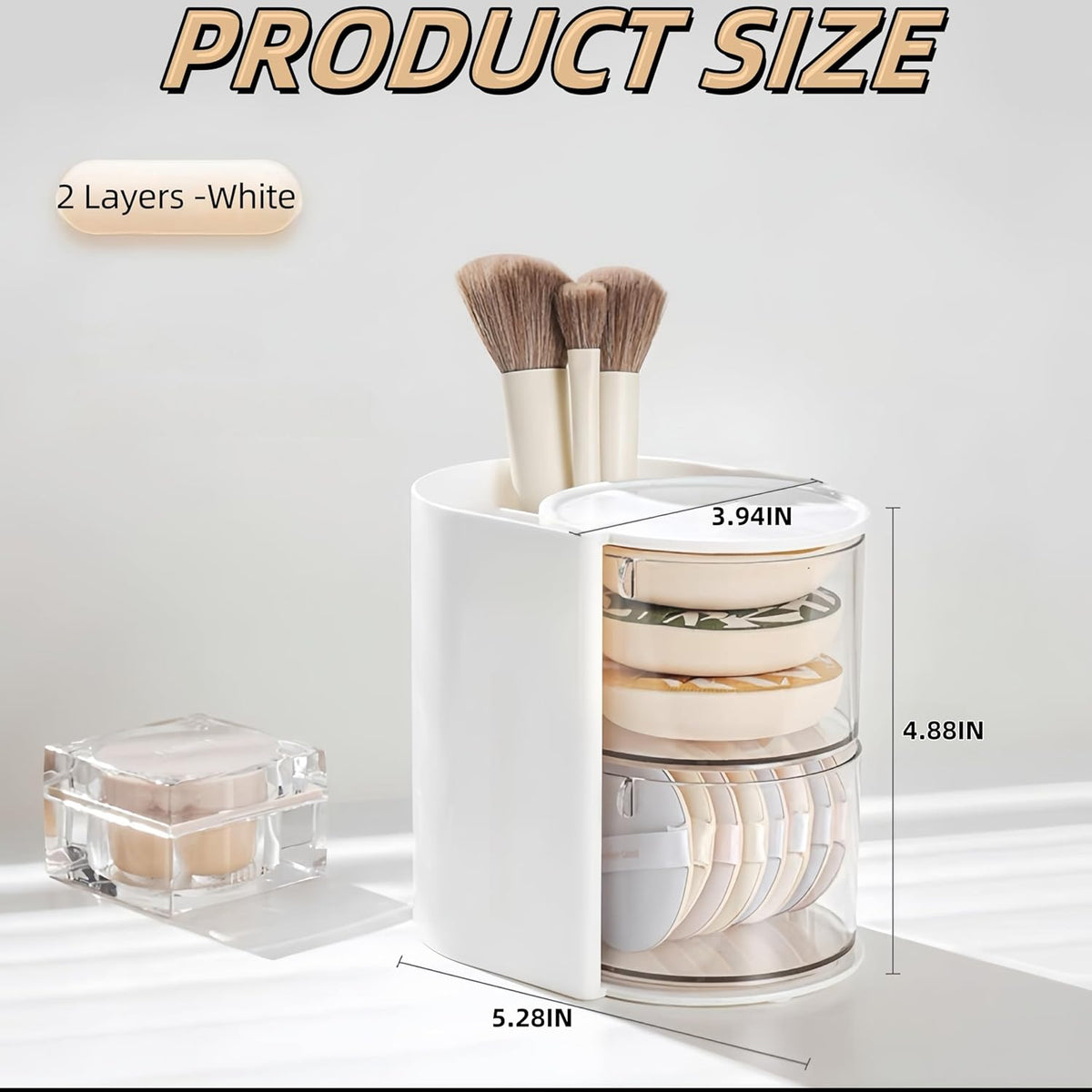 Hair Accessories Organizer with Hair Brush Holder, Rotatable Makeup Brush Holder for Necklaces, Earring, Bracelet, Ring, Makeup Brushes, Hair Clip and Hair Accessories (White, 2-Layer)