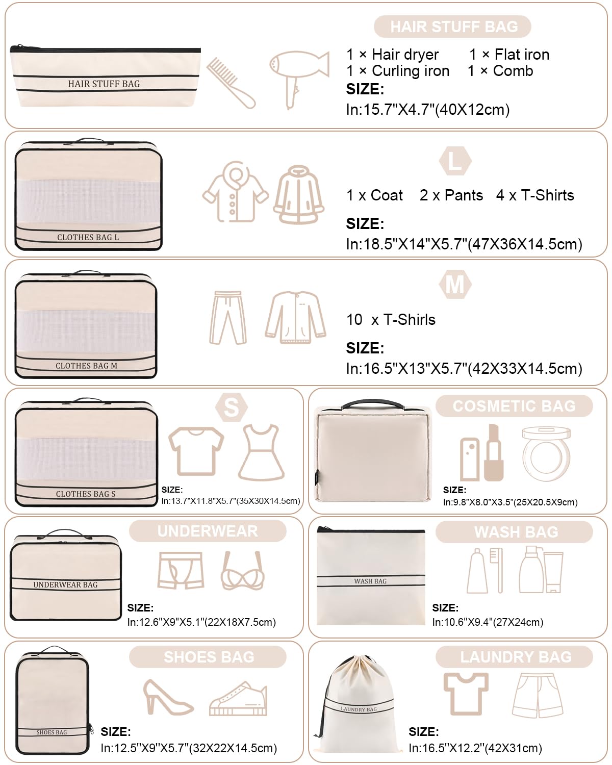 Ougrand 9 Set Packing Cubes Luggage Packing Organizers for Travel Accessories Space Saving Travel Bags for Carry On, Lightweight Mesh Zipper, Clothes, Shoes, Laundry and Shoe Bag, Suitcases (Cream)