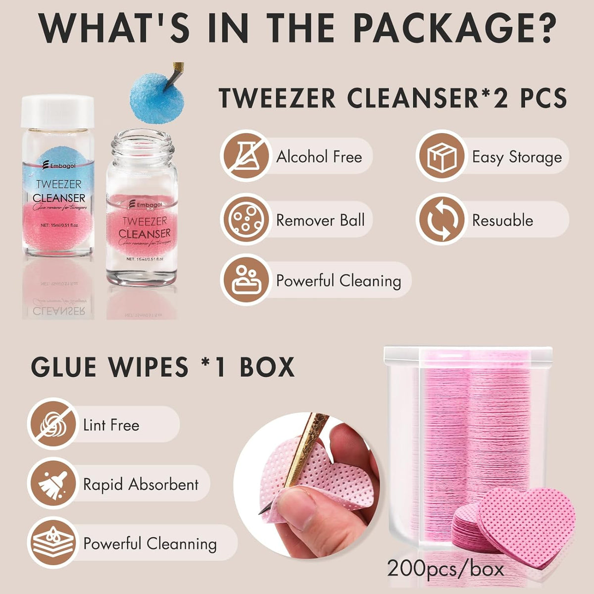 Tweezer Cleanser for Eyelash Extensions with Nail Wipes Lint Free Glue wipes Tweezers Glue Remover Liquid for Lash Tools with 2 Spongeballs Kit(2 Bottles Cleanser+1 Glue Wipes)
