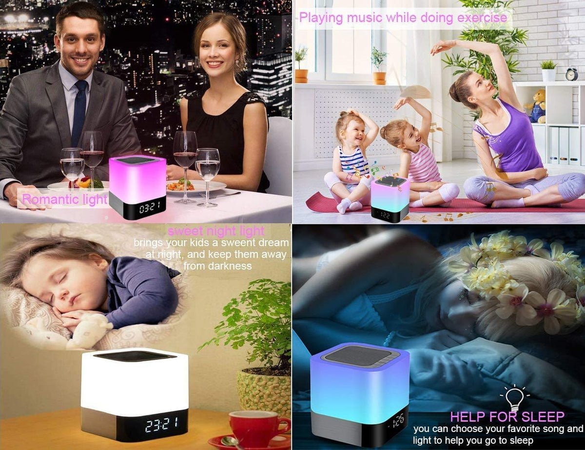 Gallstep Night Lights Bluetooth Speaker, Alarm Clock Touch Sensor Dimmable Multi-Color Changing Bedside Lamp, MP3 Player, Wireless