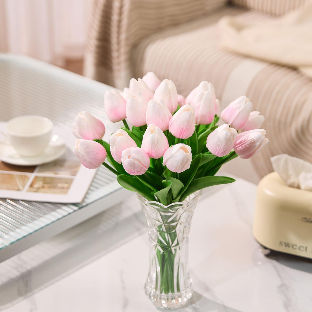 Drewev 30 Pcs Tulips Artificial Flowers Fake Pink Flowers Latex Tulips Real Touch 13" Silk Flower for Spring Mother's Day Easter Gifts in Bulk Home Kitchen Wedding Decorations