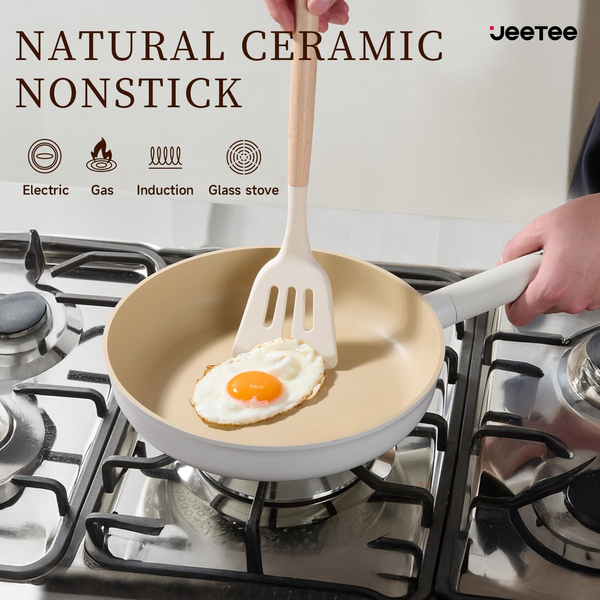 JEETEE Ceramic Cookware Set, 13 Pcs Pots and Pans Set Nonstick with Rotation Removable Handles, Healthy Non-Toxic Cooking Set for All Stoves, Stackable Pots Pans, Oven Safe, PFOA/PFOS Free, Cream