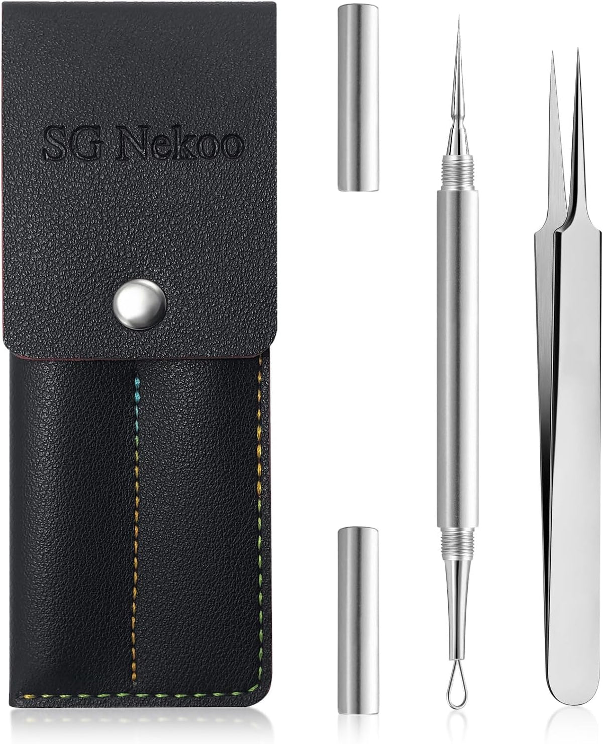 SGNEKOO Professional Facial Milia Removal Tool and Whitehead Extractor,Titanium Alloy Double Ended Needle and Steel Tweezers Kit,Blackhead,Blemish,Zit and Pimple Acne Remover Popper (Stainless Silver)