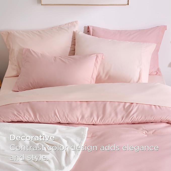 Bedsure Queen Comforter Set Pink, 8 Pieces Prewashed Queen Size Bed in a Bag with Soft Fleece Bed Blanket, Down Alternative Bedding Set for All Seasons, Sheets, Pillowcases & Shams