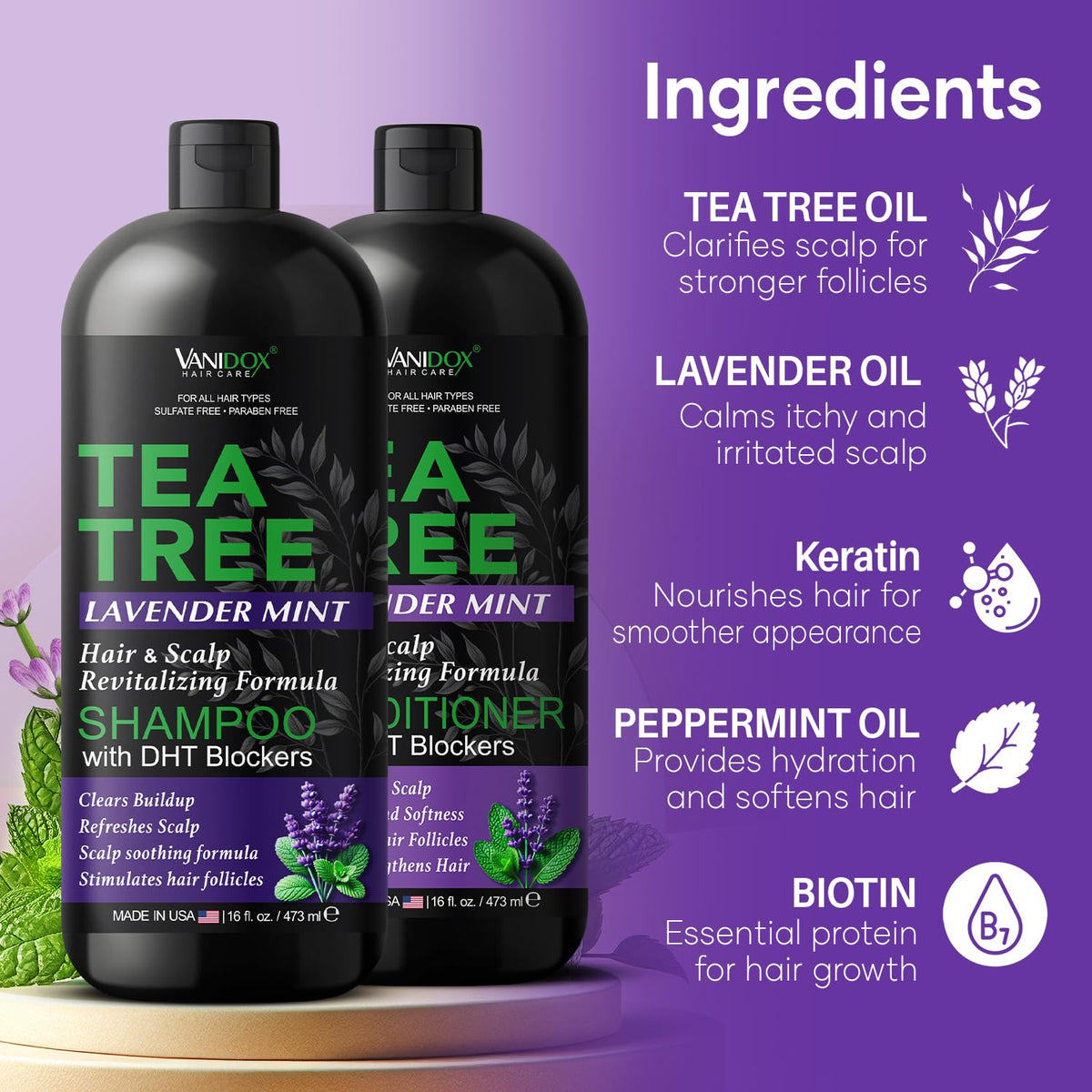 Tea Tree Shampoo and Conditioner Set with Lavender and Mint | DHT Blockers | With 100% Pure Tea Tree Oil for Itchy, Dry Scalp | Sulfate & Paraben Free | For Men & Women | 16 fl oz Each