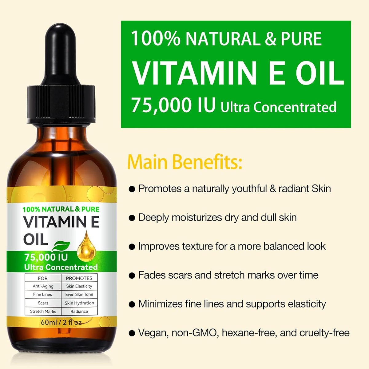 Tiuedu 2PCS Natural Vitamin E Oil for Skin, 75,000 IU Ultra Concentrated Vitamin E Oil for Face, Hair and Scars, Moisturizing Dry Skin Oils, Promotes Skin Elasticity