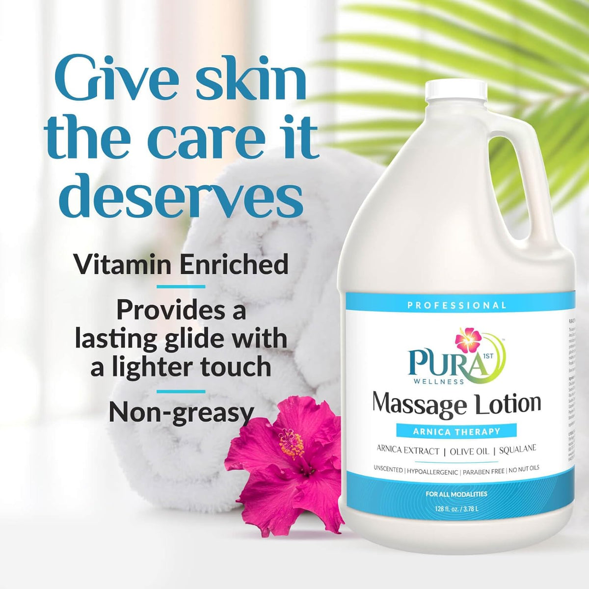 Wellness Professional Arnica Therapy 128oz Massage Lotion, Arnica Lotion for Bruising, Olive Oil, Unscented, Hypoallergenic, Natural, Skin Moisturizing and Hydrating, Deep Tissue